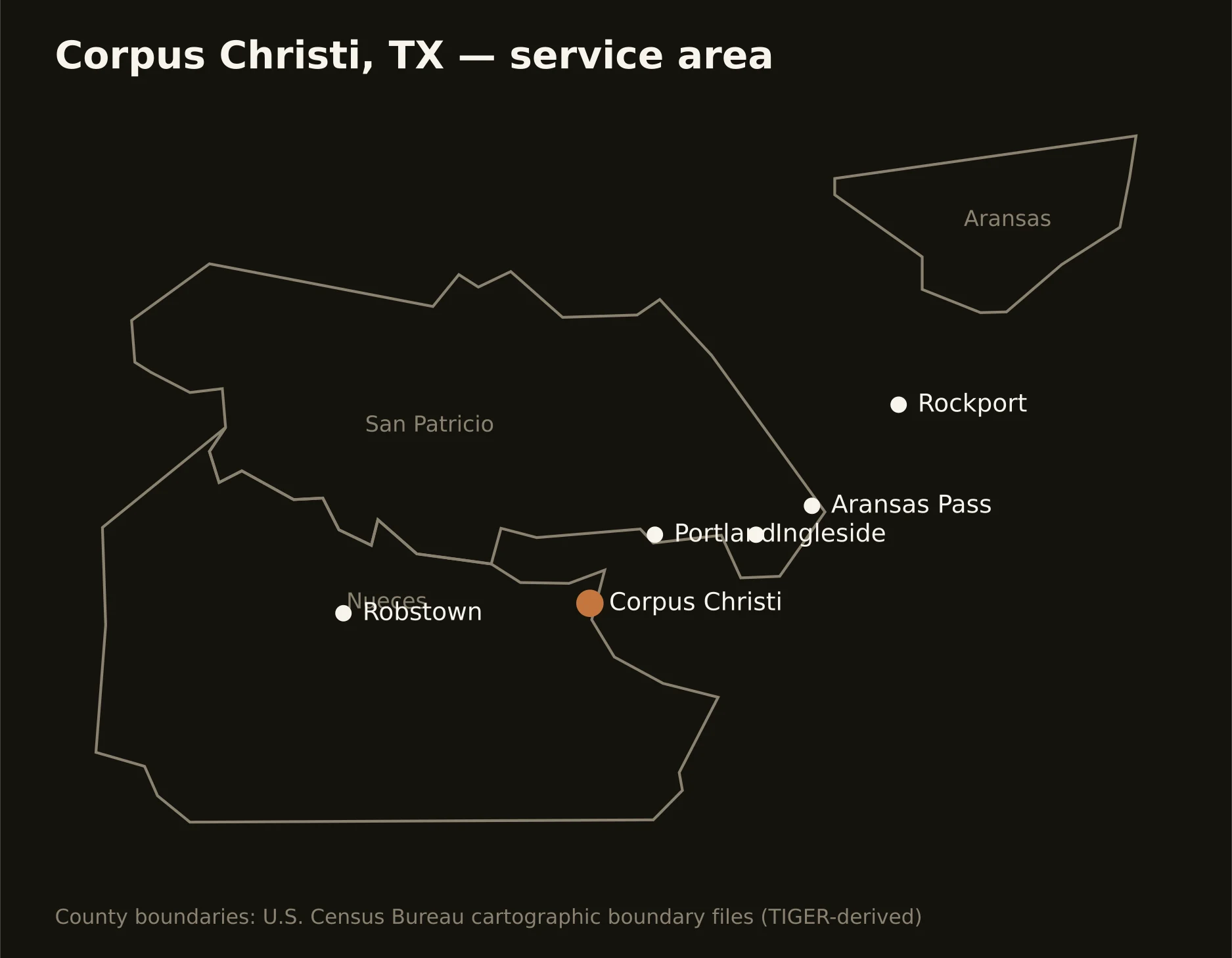 Corpus Christi, TX directional drilling service area map — component counties and cities served